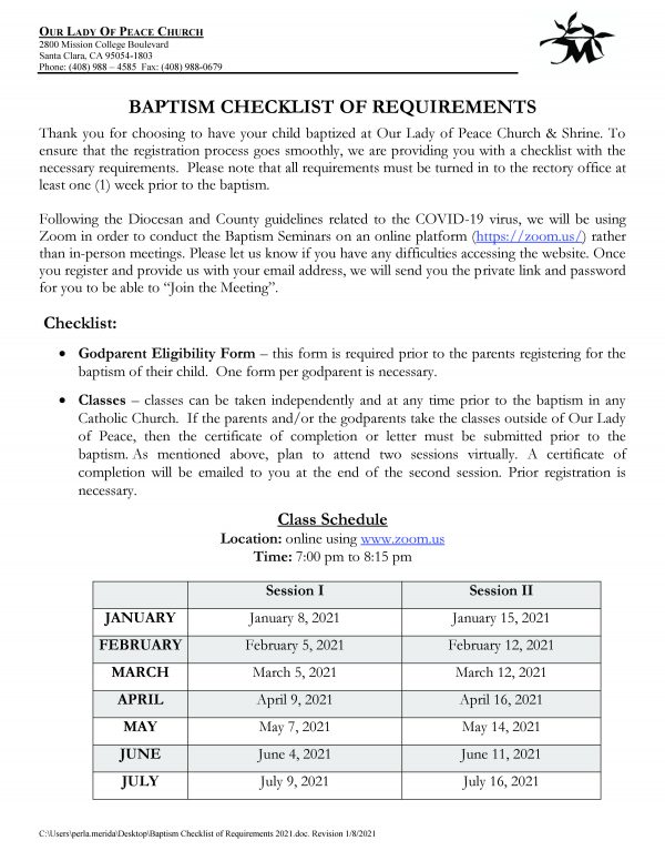 Baptism Checklist of Requirements 2021_Page_1 Our Lady of Peace
