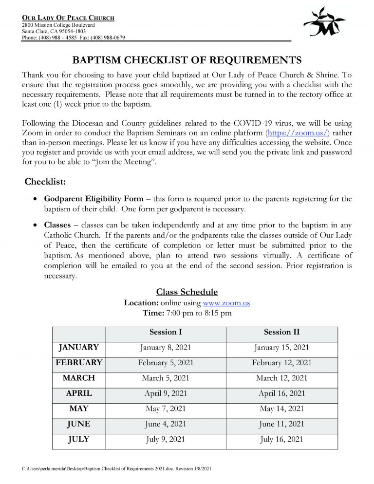Baptism Checklist of Requirements 2021_Page_1 Our Lady of Peace